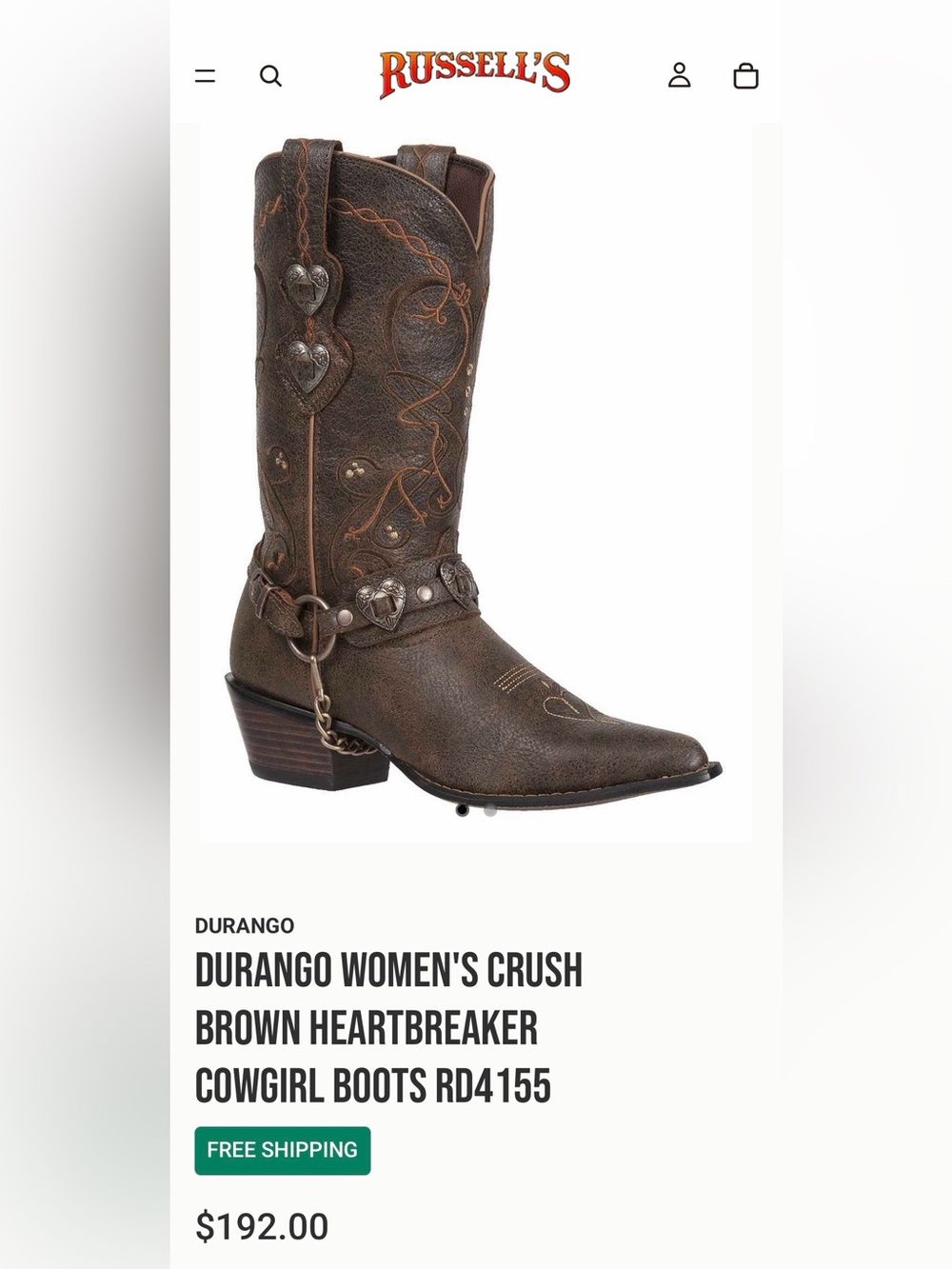 Durango Brown Heart Accent Western Cowgirl Boots